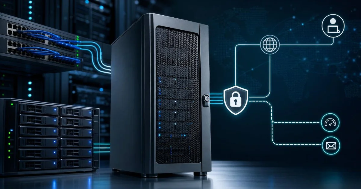 Veri merkezinde tek kiracıya ayrılmış dedicated sunucu, yedekli ağ ve storage katmanını temsil eden kurumsal bir görsel